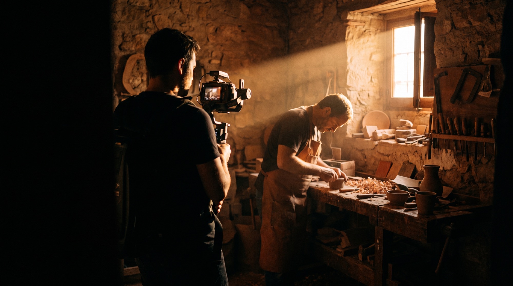 Pablo Medina rodando con cámara y estabilizador en un taller artesano de Granada